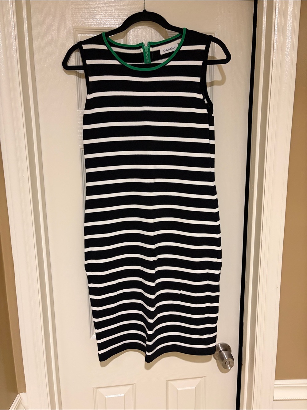 Calvin Klein Black and White Striped Midi Dress with Green Neck Trim